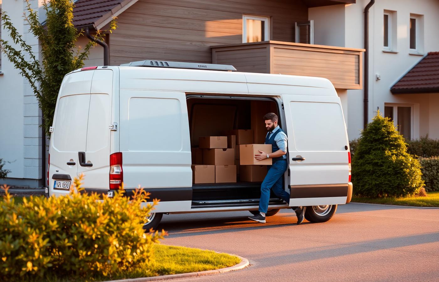 Lieferwagen liefert Umzugskartons von Safaribox an ein Schweizer Wohnhaus